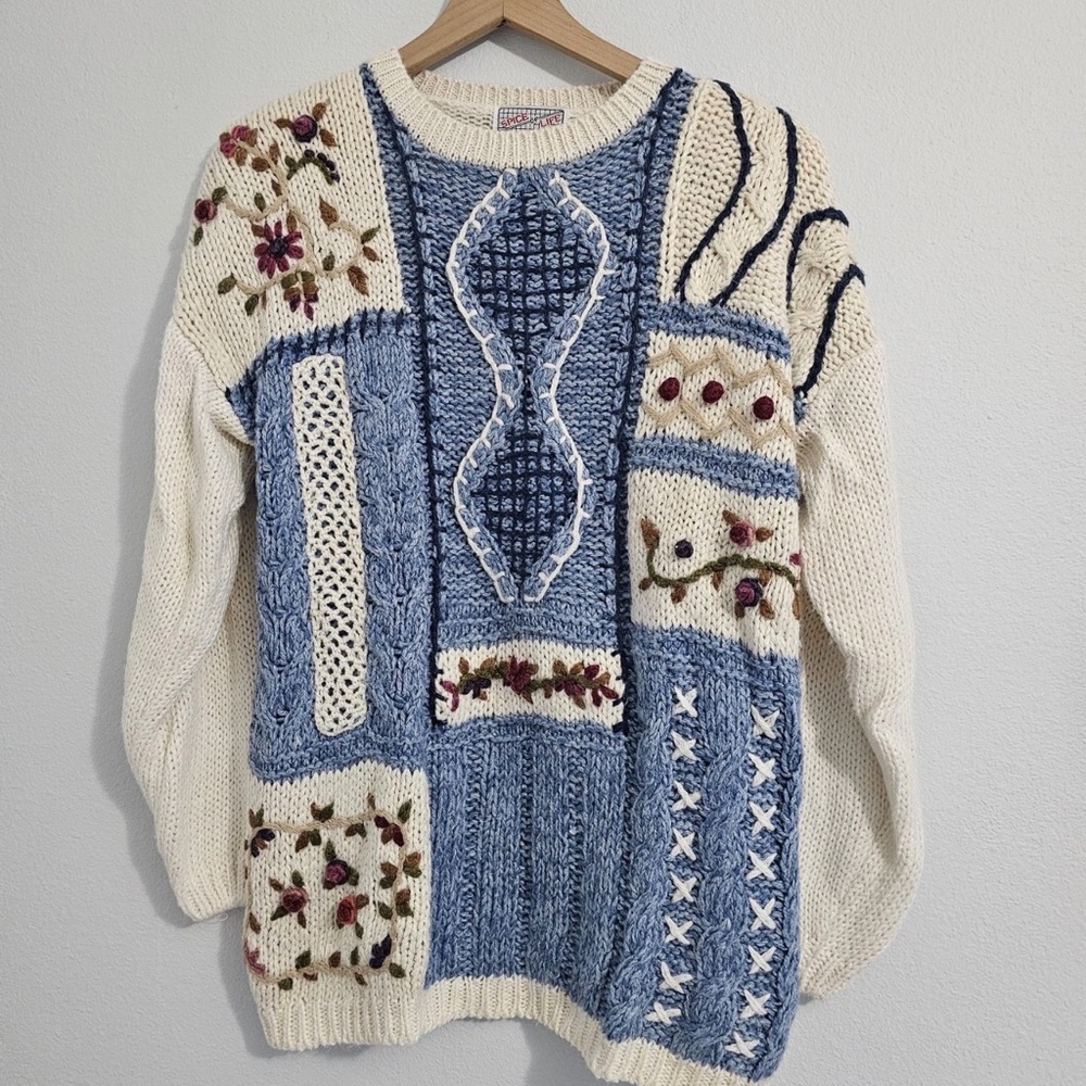 Vintage - Oversized Embroidered Knit Sweater Cottagecore Cozycore Grandma‎ Style